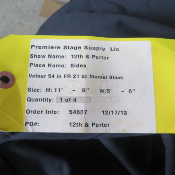 Lot of 5 black velvet stage curtains, flame retardant, 6ft x 11.9ft. Premiere Stage Supply tag for 12th & Porter show, order info 54807.