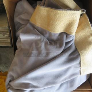 Heavy duty flame retardant gray velvet stage curtains, size 8ft x 11.9ft, with burlap header and metal grommets in box.