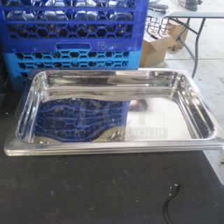 New full-size 2.5-inch stainless steel hotel pan, reflective surface, pristine condition, ideal for commercial use.