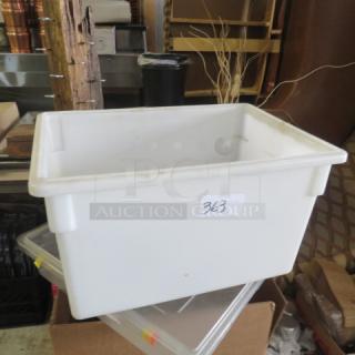 White 21.5-gallon food storage container. Visible label with number 363. Used condition, sturdy plastic material.