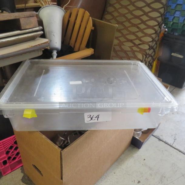 Cambro 8.75-gallon food storage container with lid, transparent, labeled "364," in good condition.