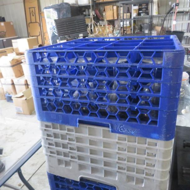16 Hole Dishwasher Rack, blue plastic, stacked design. "16w" marking visible. Used for holding dishware.