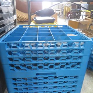 Blue 25-hole dishwasher rack, model 3XBID, in good condition, designed for efficient dish organization and cleaning.