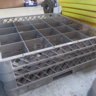 Assorted dishwasher rack with multiple compartments, gray plastic, minimal wear, labeled "2XBID."