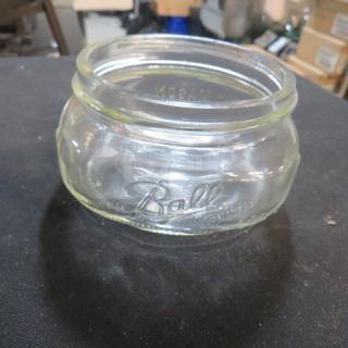 One half pint Ball squatty jar, clear glass, vintage, embossed "Ball" logo, excellent condition, collectible.