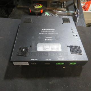 Crestron DM-RMC Scaler-C room controller, HDMI, HDBaseT, used condition. Label includes ports and connectivity info.