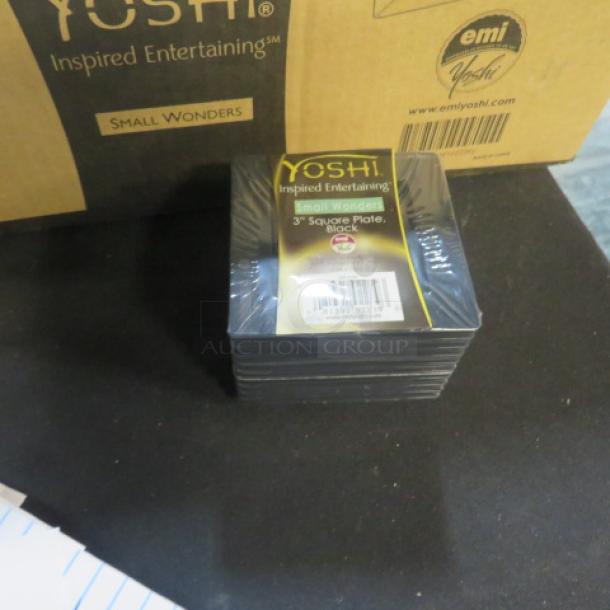 One case of Yoshi 3-inch square black plates, brand new, labeled "Small Wonders" for entertaining.