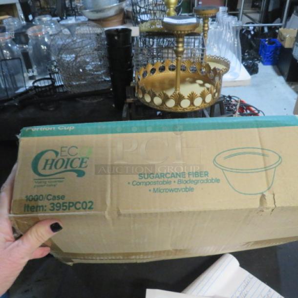 Box of Choice 2oz portion cups, item 395PC02, sugarcane fiber, compostable, biodegradable, microwavable, 1000 per case.