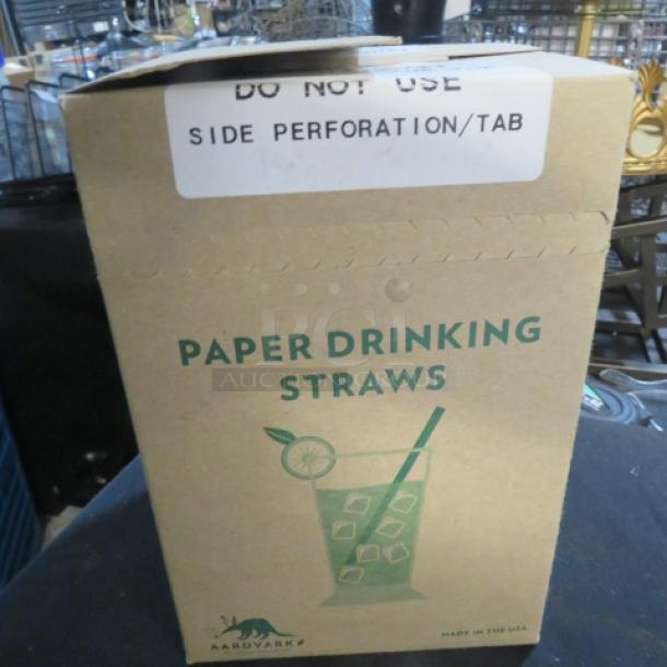 Box of 875ct Aardvark paper drink straws, marked "Do Not Use Side Perforation/Tab," eco-friendly, made in USA.