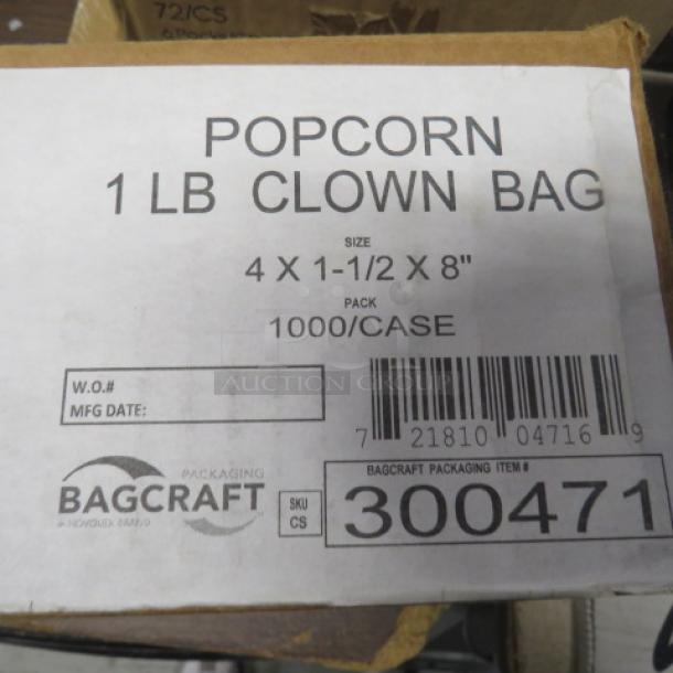 Case of 1,000 Bagcraft popcorn bags, size 4x1.5x8 inches, marked "1 LB Clown Bag," SKU 300471, packaged 1000/case.