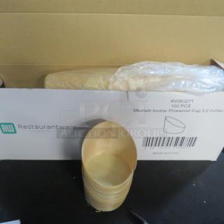 Medium pinewood cups, 3.2 inches, 100 pcs, Restaurantware brand, new in box with packaging. Model RWB0271.