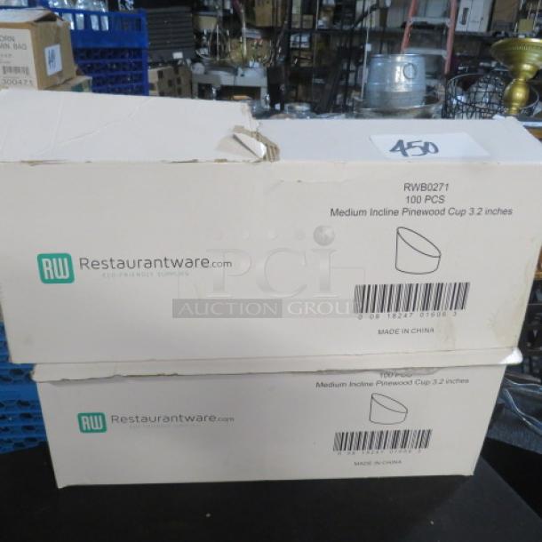 Two boxes of Restaurantware medium incline pinewood cups, model RWB0271, 100 pieces each, 3.2 inches, new condition.