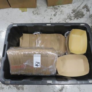 A bin containing a stack of brown paper boats, wrapped in plastic with a label marked "151". Suitable for serving food.