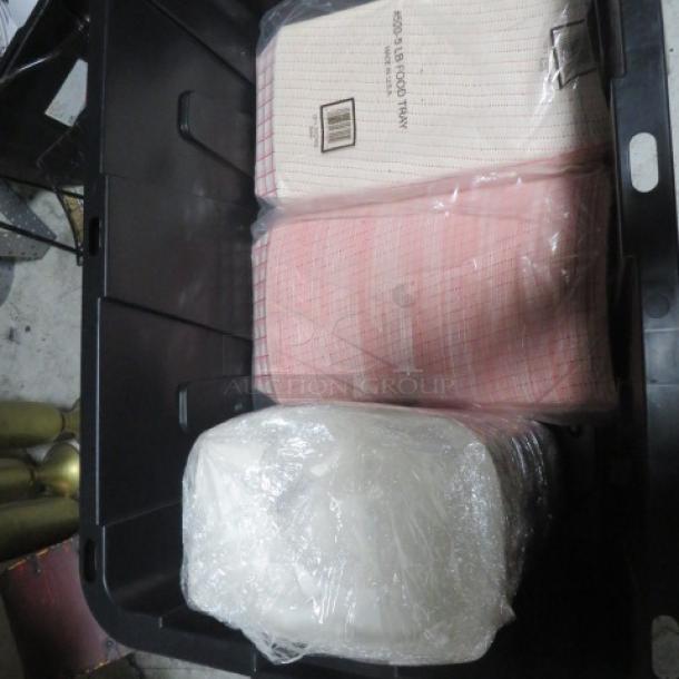 Large lot of red and white paper boats in a black plastic container. Sealed in plastic wrap, indicating new condition.