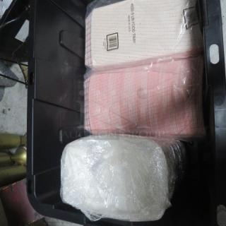 Large lot of red and white paper boats in a black plastic container. Sealed in plastic wrap, indicating new condition.