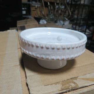 White ceramic mini cake stand with beaded edge design, Model 6XBID, in good condition, displayed on cardboard.