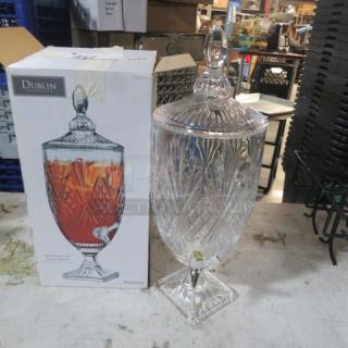 Dublin Collection cut glass crystal beverage dispenser, diamond pattern, pristine condition, with original box and lid.