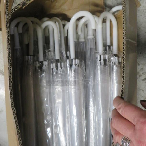 A case of new clear umbrellas with white handles and plastic coverings.