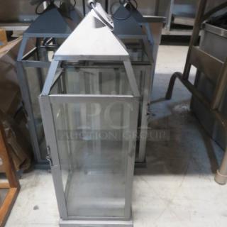 Assorted metal and glass lanterns, pyramid tops, in good condition. Ideal for decor, uses candles or LED lights.