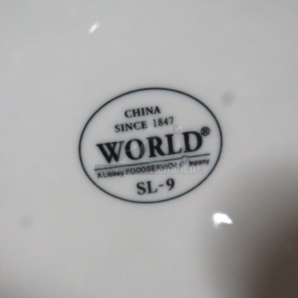 New 9-inch World Square Plate, model SL-9. Marked "World, China Since 1847." Unused, pristine condition.