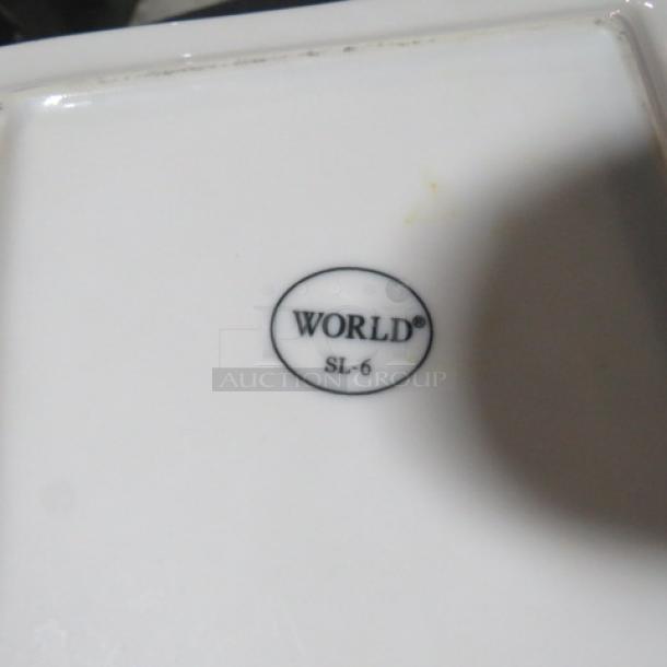 White 6-inch square plate by World, model SL-6. Features brand marking on the back. New condition.