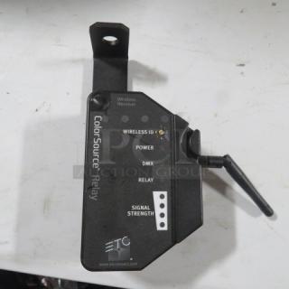 ETC Color Source Relay Wireless DMX Receiver, model Color Source, in good condition. Features visible labels for wireless ID, power, DMX, relay, and signal strength.