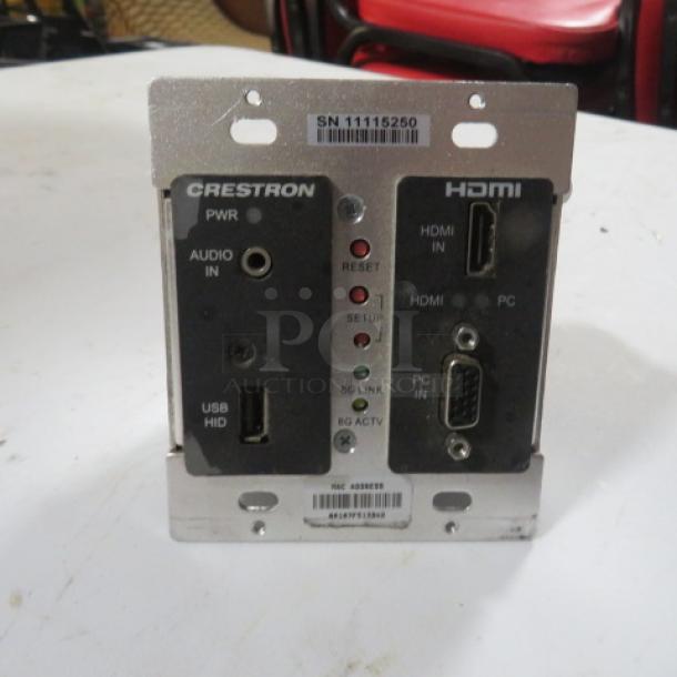 Crestron DM-TX-200-C-2G-B-T transmitter with audio, HDMI, and USB ports, used condition, serial number SN 11115250.