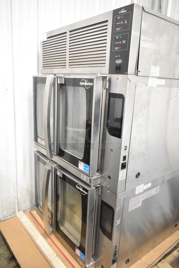 2 Blodgett HVH-100E HydroVection ovens, new, full size, with hood. Scratch and dent. 208V, 3-phase, stainless steel.