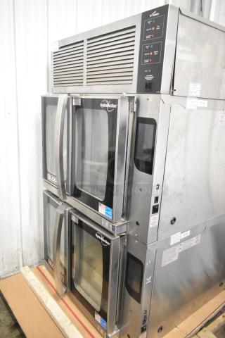 2 Blodgett HVH-100E HydroVection ovens, new, full size, with hood. Scratch and dent. 208V, 3-phase, stainless steel.