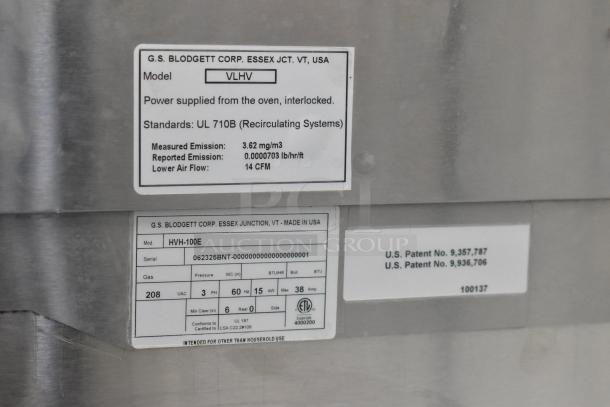 2025 Blodgett HVH-100E HydroVection oven label, 208V, 3 phase, model HVH-100E, standards UL 710B, patents listed.