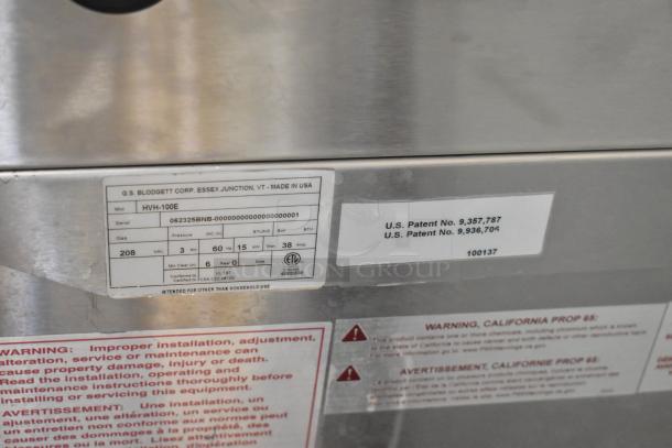 Brand new 2025 Blodgett HVH-100E HydroVection oven label showing model, voltage, and patent info. 208 Volts, 3 Phase.