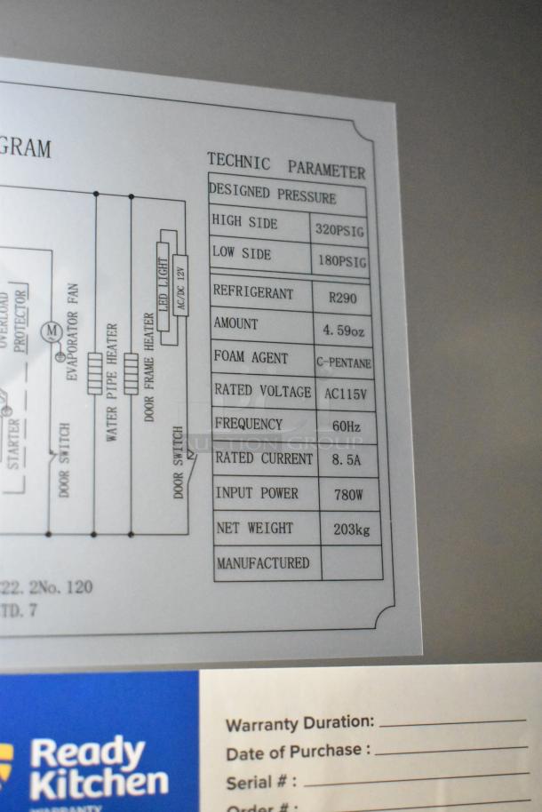 Brand new Avantco 178SS2FHC commercial freezer, 2-door, 115V, 1 phase, scratch and dent condition. Tag shows specs like refrigerant R290.