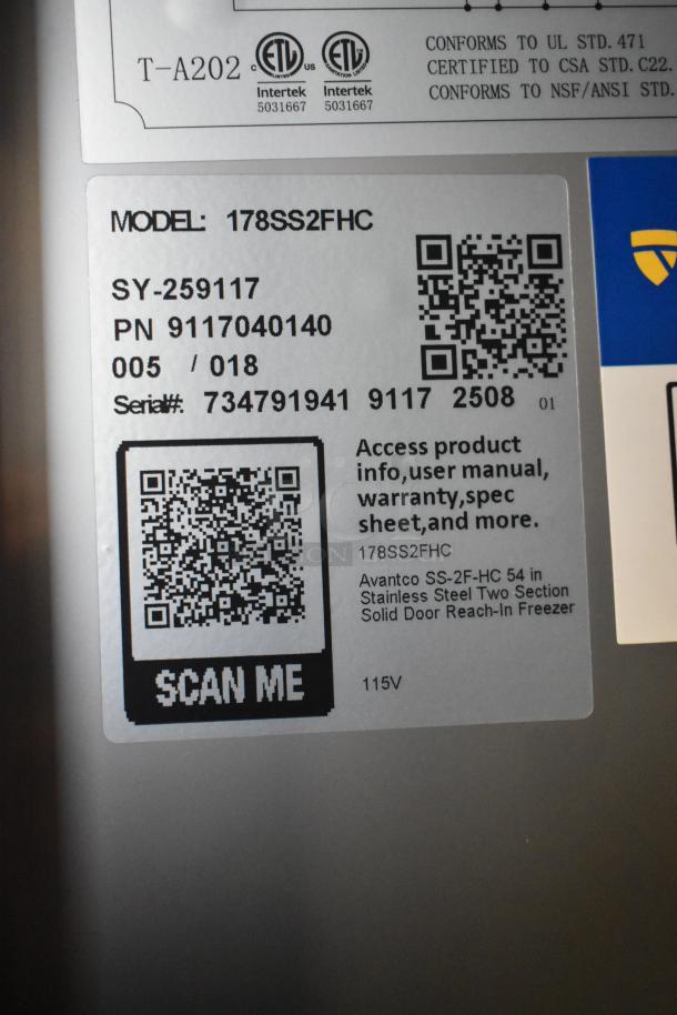 Label on 2025 Avantco 178SS2FHC 2 Door Reach In Freezer showing model, serial number, and compliance marks. 115V, 1 phase.