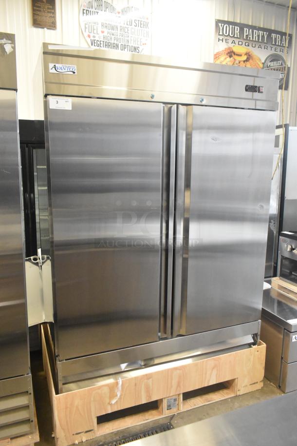 Brand new 2025 Avantco 178SS2FHC commercial 2-door reach-in freezer, stainless steel, 115V, scratch and dent condition.