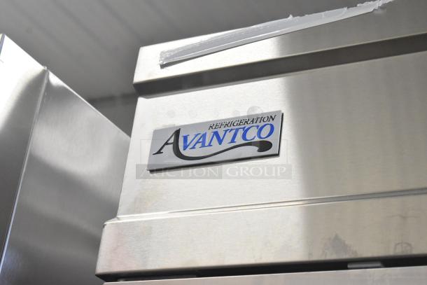 Brand new 2025 Avantco 178SS2FHC commercial 2-door freezer with scratch and dent. 115 Volts, 1 Phase. Avantco logo visible.