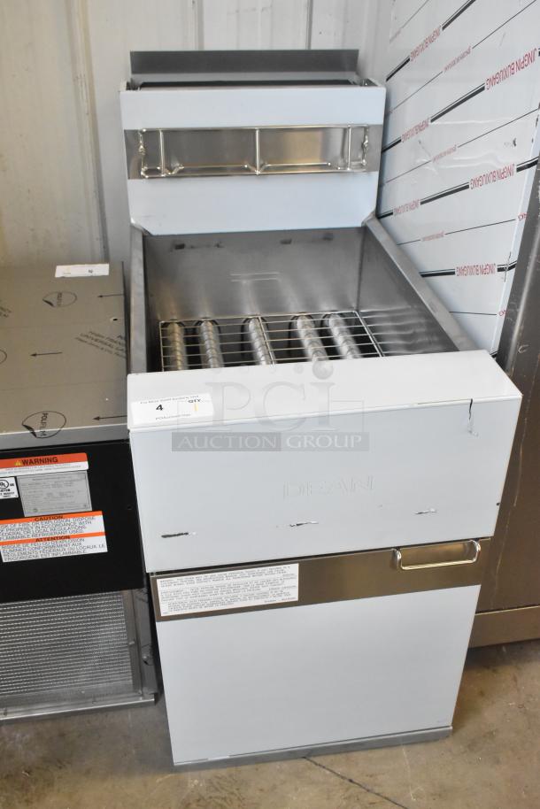 Brand new Dean SR162GN natural gas deep fat fryer, 150,000 BTU, with 2 metal fry baskets, visible scratches and dents.