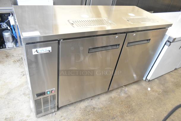 Brand new Avantco 178UDD60HCS double tap kegerator, stainless steel, 2 half-keg capacity, slight scratches, 115V, 1 phase.