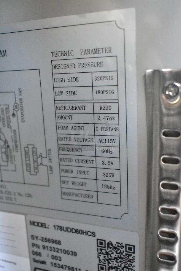 Brand new Avantco 178UDD60HCS commercial kegerator tag detailing model, refrigerant type, voltage, and specifications.