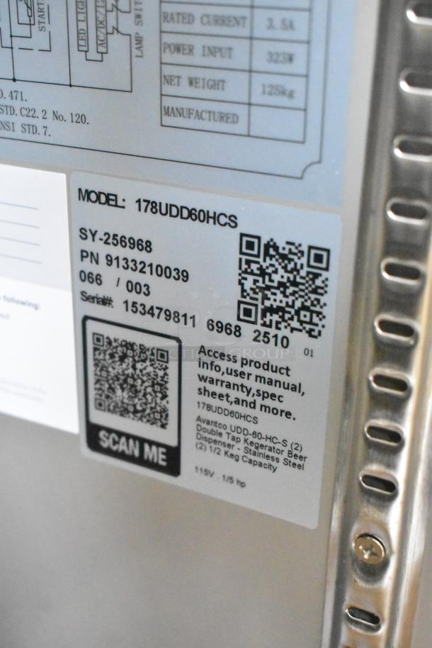 Alt Text: Model label of Avantco 178UDD60HCS kegerator, showing QR codes, serial number 153479811, and electrical specs.