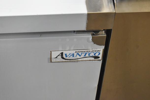 Brand new 2025 Avantco 178AU60R 2-door undercounter cooler with visible dent, 115V, 1 phase, stainless steel finish.