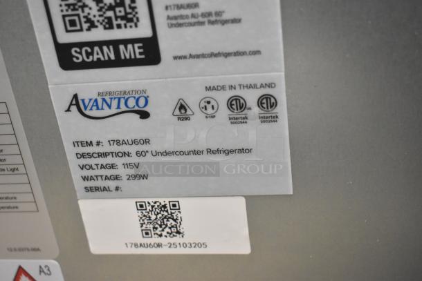 2025 Avantco 178AU60R 2-door cooler label, scratch and dent, 115V, 299W, made in Thailand, Intertek certified.