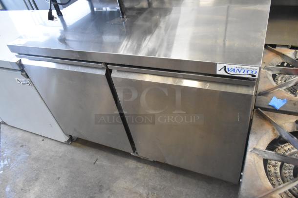 Brand new Avantco 178ZWT48FHC 2-door undercounter worktop freezer, front breathing, 115V, minor scratches visible.