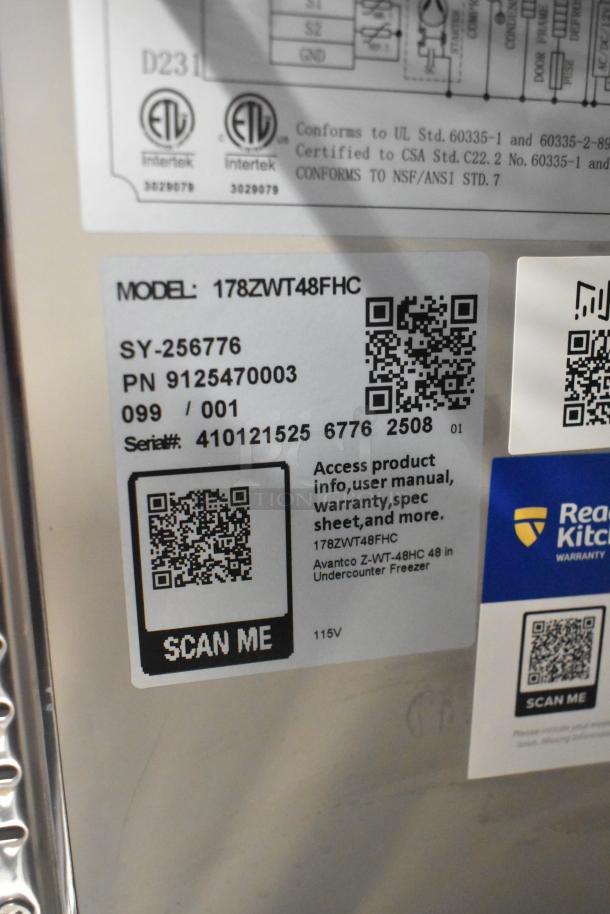 Avantco 178ZWT48FHC commercial freezer label, showing model, serial, QR codes for manuals, 115V. Brand new, scratch and dent.