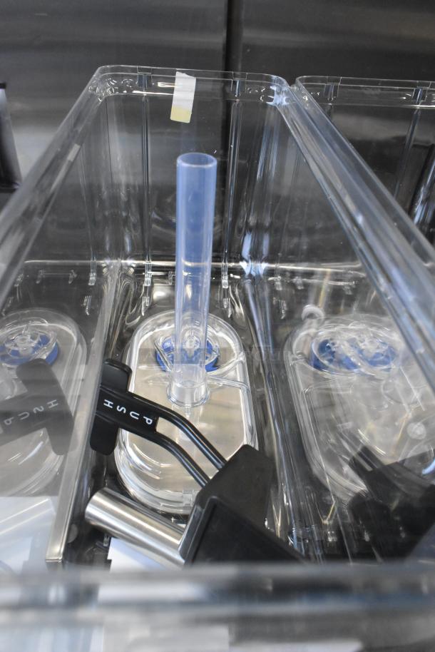 Brand new Vollrath VBBD3-37-F triple beverage dispenser. Features 3.17-gallon bowls, fountain spray, 115V, 1 phase.