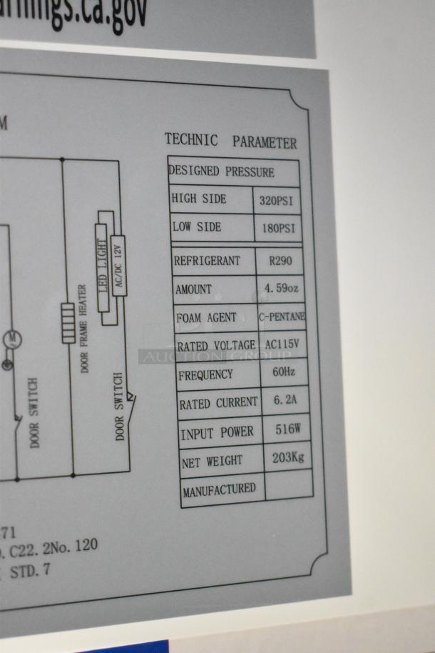 Alt text: "Technical specifications of Avantco 178A49RHC Cooler, showing pressure, refrigerant, voltage, and power details."