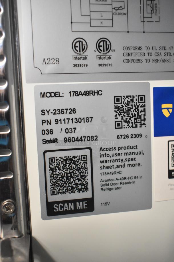 Label on Avantco 178A49RHC 2 Door Reach In Cooler showing model, serial number, and QR code for product info.