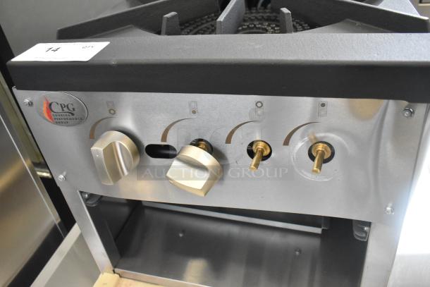 Brand new Cooking Performance Group CPG-DSPR-L liquid propane stock pot range, 160,000 BTU, model 351CPGDSPRL, with controls visible.