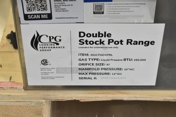 BRAND NEW SCRATCH AND DENT! Cooking Performance Group stock pot range, model 351CPGDSPRL, liquid propane, 160,000 BTU.