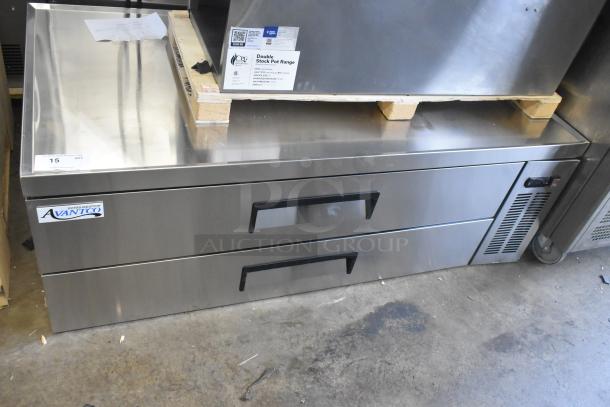 BRAND NEW Avantco 178CBE60HC Commercial Chef Base, 2 Drawer, 115V, with Casters. Slight cosmetic dent, stainless steel finish.