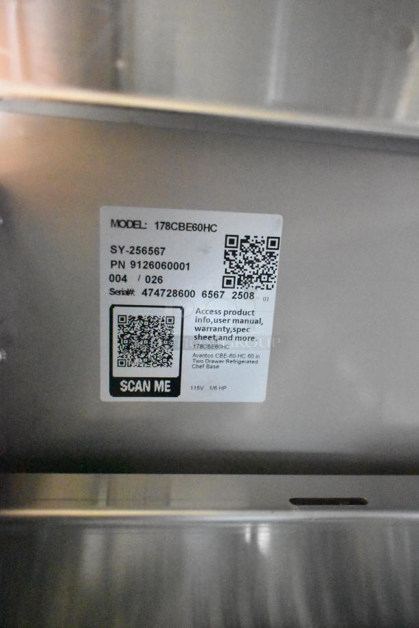 Avantco 178CBE60HC label with QR codes, serial number 474728600, and model details for commercial chef base.